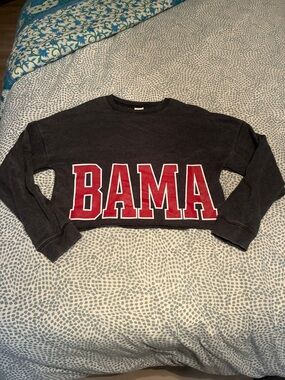 VS Pink BAMA Cropped Crewneck Sweatshirt - Charcoal with Crimson Letters